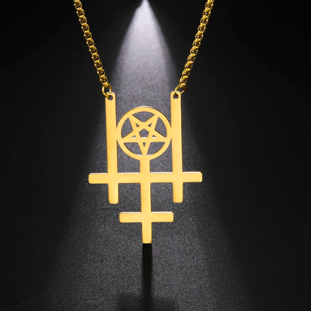 Triple Inverted Cross Pendant Necklace — Stainless Steel