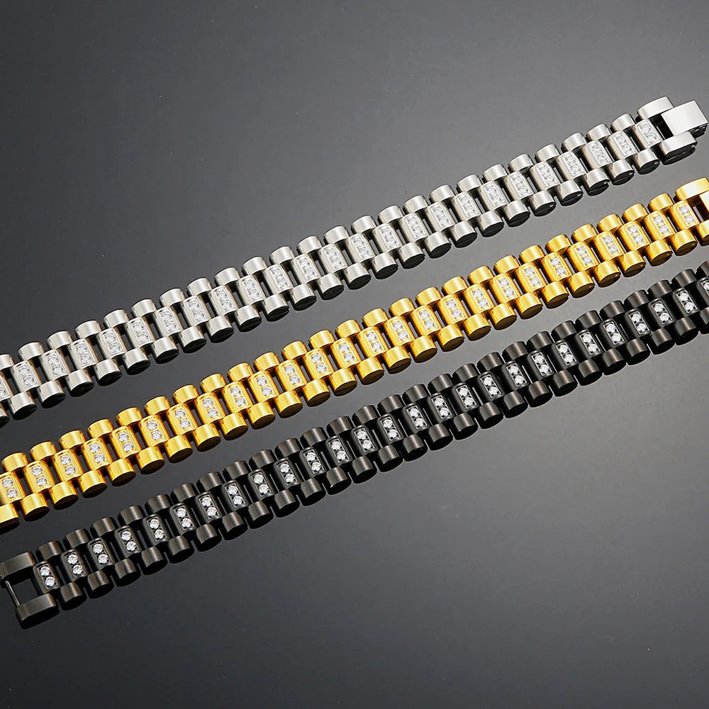 CZ Jewelry Men Bracelet 16MM Wide Watch Strap Chain Link Stainless Steel Bracelet For Bangle Male Jewellery Accessory