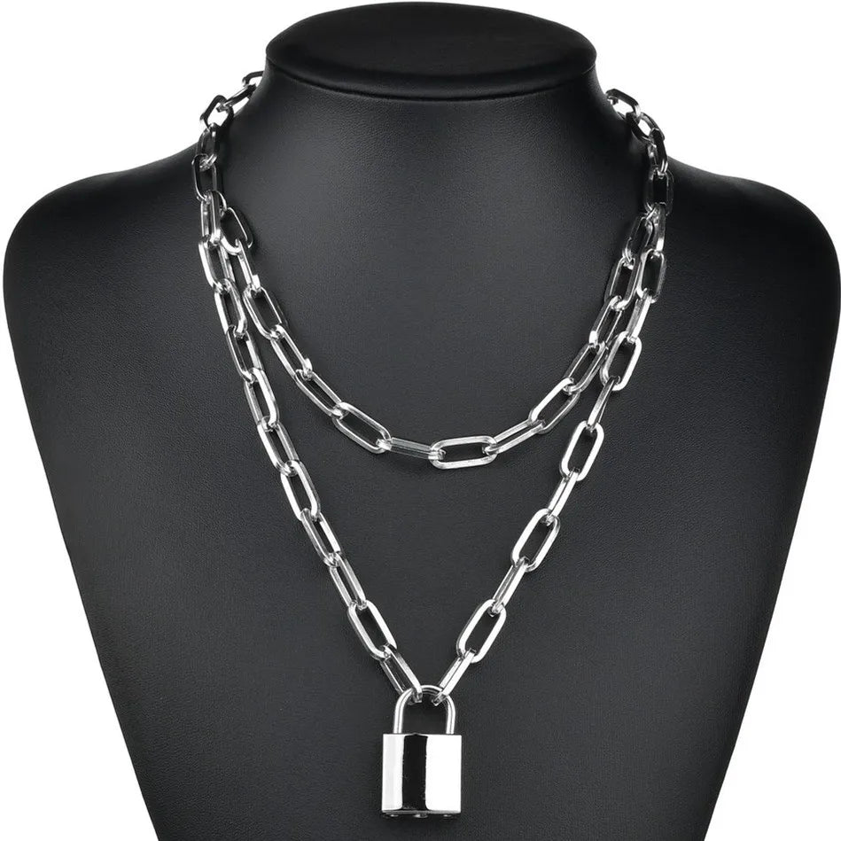 Two-Tone Lock Pendant Double Layer Chain Necklace