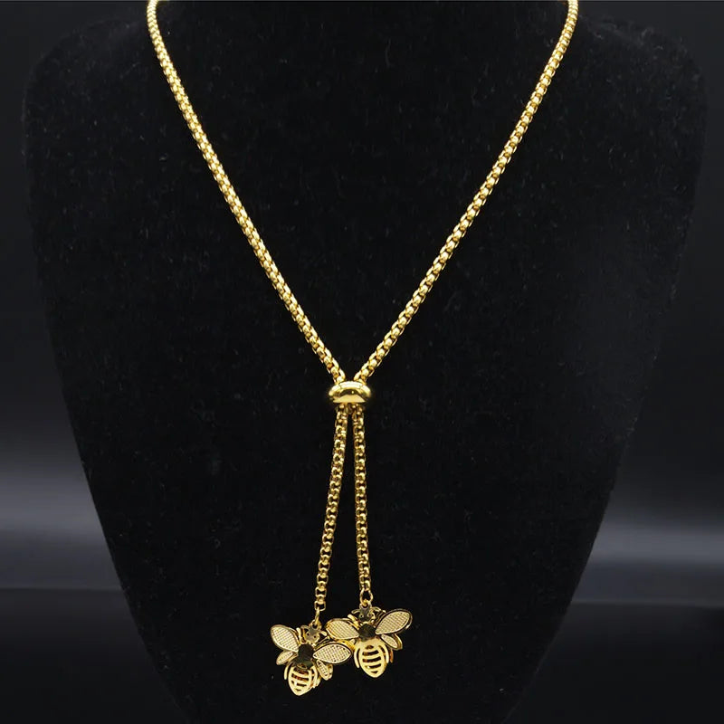 Bee Gold Statement Long Necklace — Stainless Steel