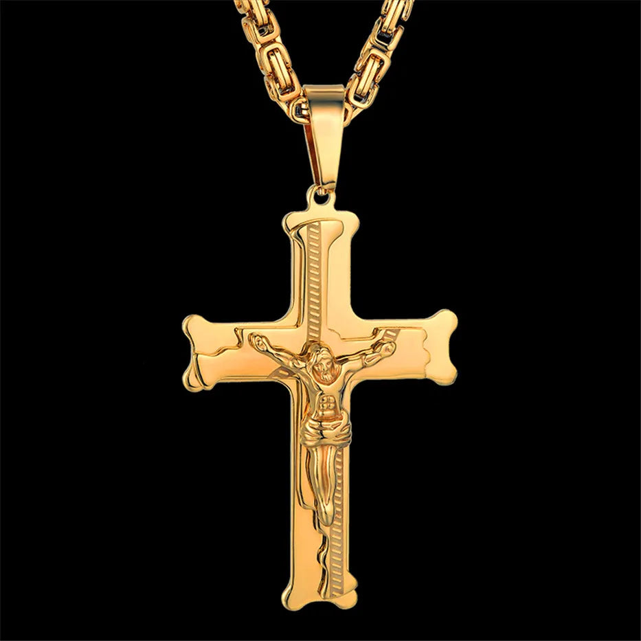 Fashion Byzantine Chain,Christ Cross Stainless Steel Long Necklace for Men Gold Color Statement Necklace Jewelry