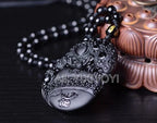 Beautiful Chinese Handwork Natural Black Obsidian Carved Coin Toad PiXiu Blessing Lucky Amulet Pendant + Beads Necklace