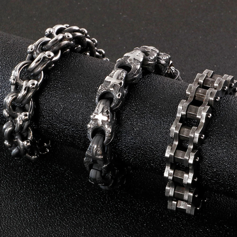 Heavy Stainless Steel Cross Bracelet for Man 23CM Long 13MM Wide Bicycle Chain Men's Bracelets Accessories Vintage
