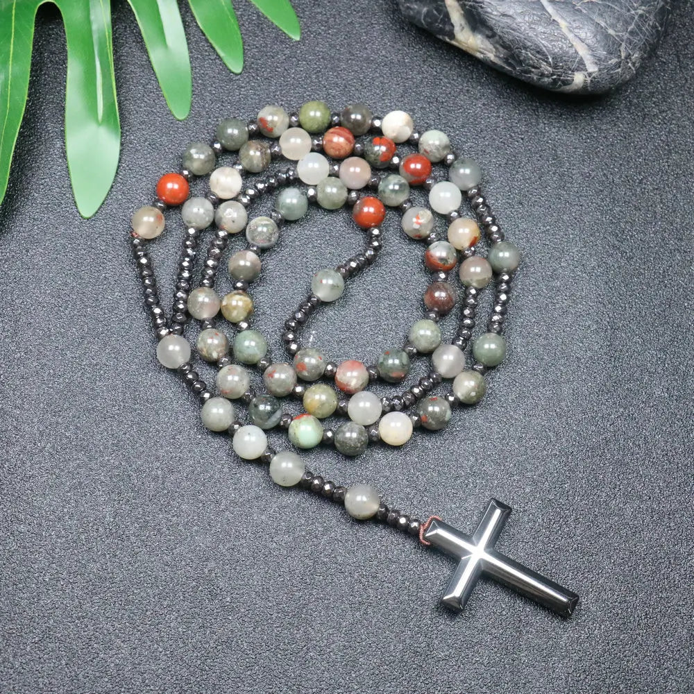 Tiger Eye Black Obsidian Rosary Cross Necklace — Black-Tone, 8mm