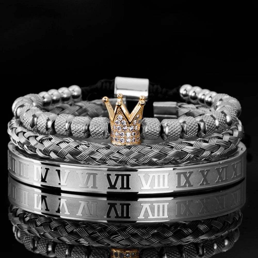 Luxury Micro Pave CZ Crown Roman Royal Charm Men Bracelets Stainless Steel Crystals Bangles Couple Jewelry Gift