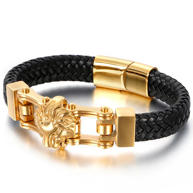 Punk Goth Lion Head Men's Bracelets & Bangles Braided Genuine Leather Man Bracelet Gold Color Stainless Steel Bike