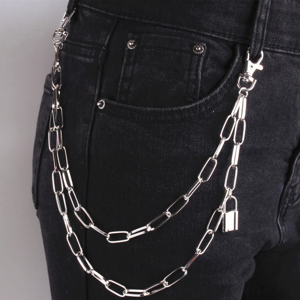 DIEZI Harajuku Vintage Car Jeans Pants Key Chain Ring Women Men Hip Hop Silver Color Lock Key Tassel Chain Pendant Chain For Bag