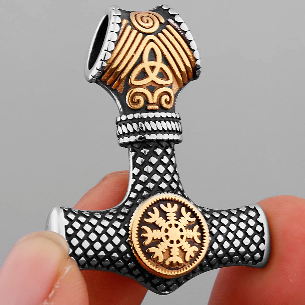 Nordic Viking Thor's Hammer Compass Necklace Vintage Stainless Steel Mixed Gold Color Vegvisir Jewelry Scandinavian