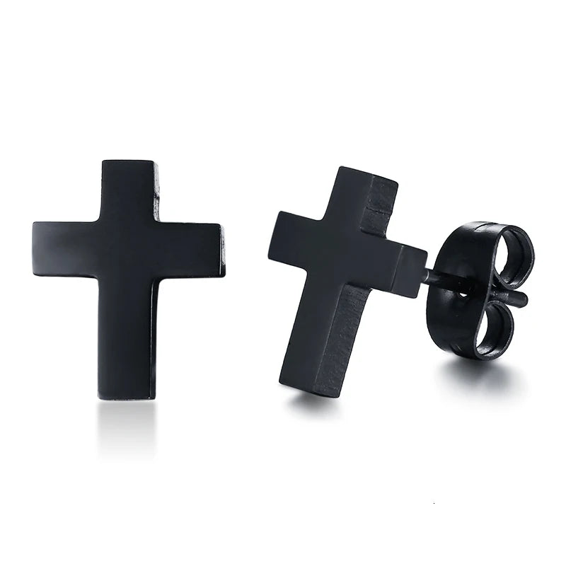 Cross Black Minimal Stud Earrings — Stainless Steel