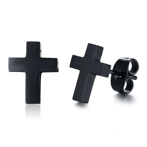 Cross Black Minimal Stud Earrings — Stainless Steel