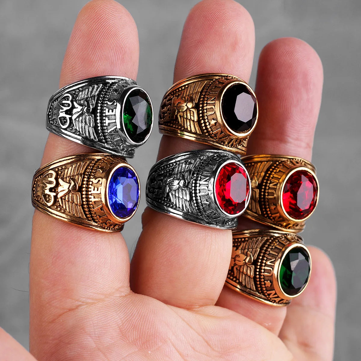 Stainless Steel Men Rings Rhinestone United States Punk Rock Hip Hop For Biker Male Boyfriend Jewelry Creativity Gift Wholesale