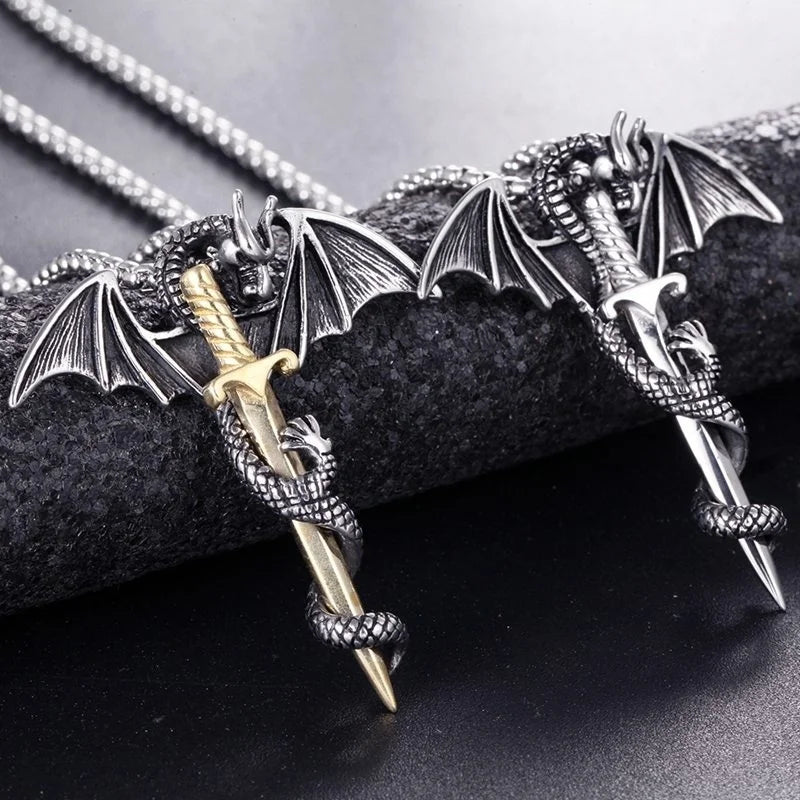 Retro Pterodactyl Holy Sword Shape Pendant Necklace for Men Fashion Dragon Pendant Chains On The Neck Metal Accessories