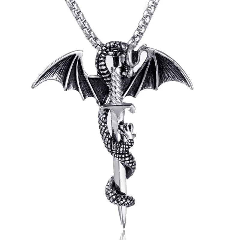 Retro Pterodactyl Holy Sword Shape Pendant Necklace for Men Fashion Dragon Pendant Chains On The Neck Metal Accessories
