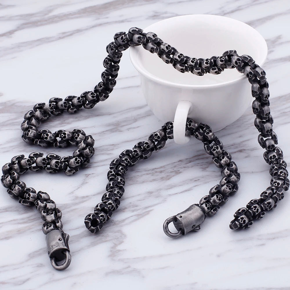 12MM Wide Stainless Steel Mens Skull Link Chain Necklace Men Punk Gothic Choker Skeleton Bracelet Men Man 50 70CM Long