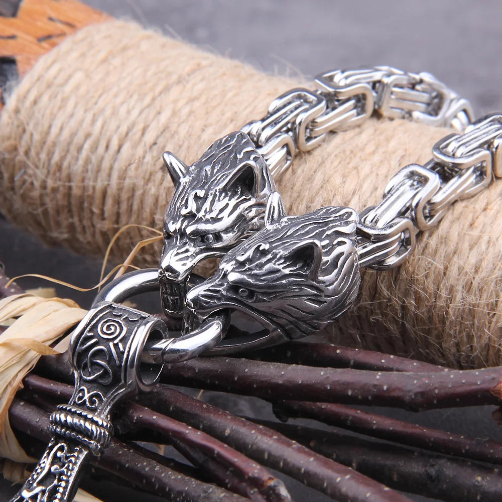 Wolf Head Thor Hammer Pendant — Stainless Steel