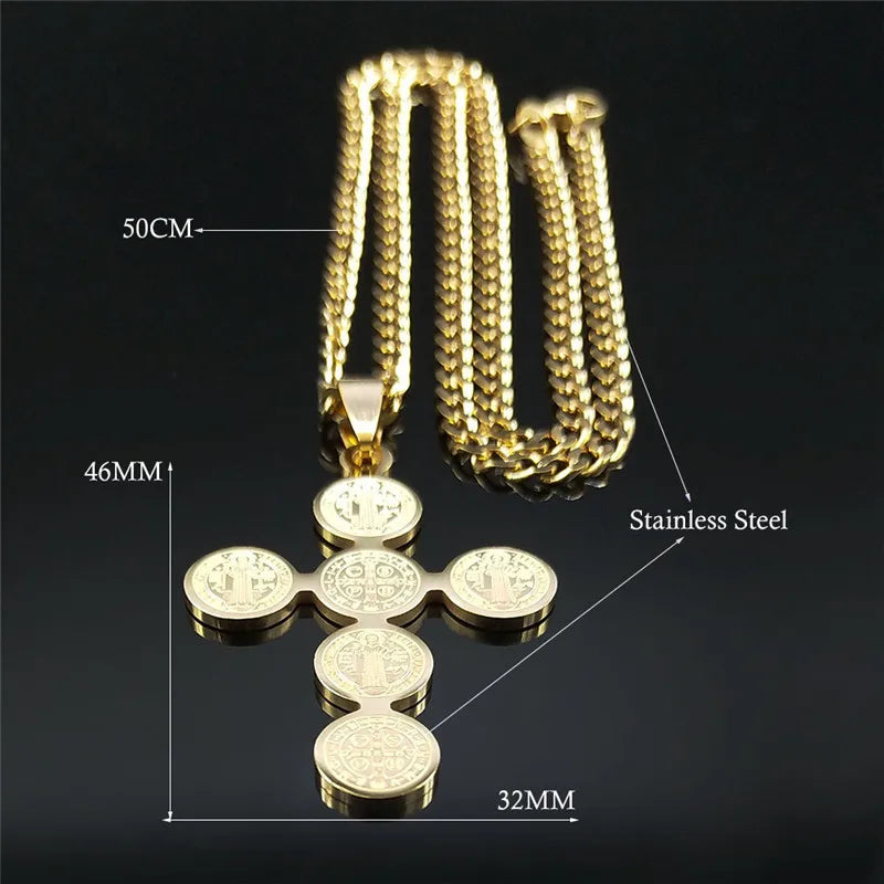 Saint Benedict Cross Pendant Necklace — Gold-Tone
