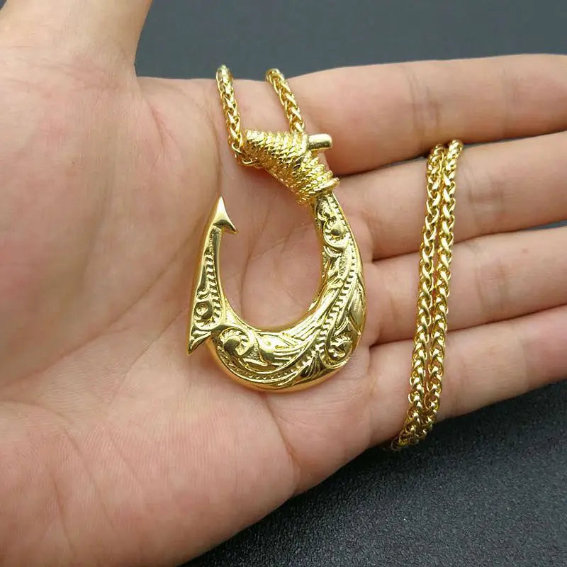 Nordic Viking Fish Hook Pendant Necklace — Gold, Stainless Steel