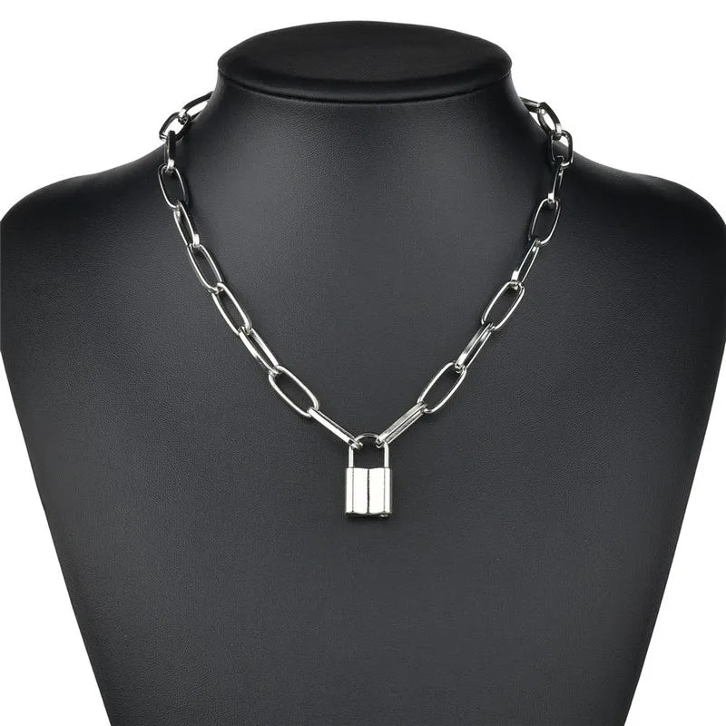 Silver-Tone Layered Lock Chain Choker Necklace