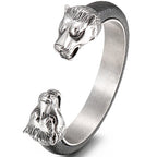 Stainless Steel Wolf Head Cuff Open Bangle Bracelet Man Black Leather Elastic Adjustable Boys On Hand Bracelets Men‘s