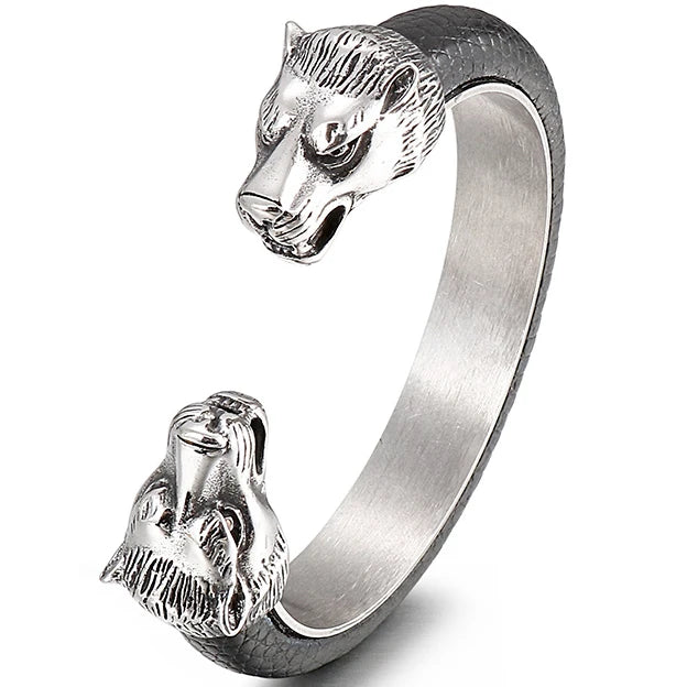 Stainless Steel Wolf Head Cuff Open Bangle Bracelet Man Black Leather Elastic Adjustable Boys On Hand Bracelets Men‘s