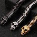 Vintage Double Wolf Lion Head Men's Bracelets Gothic 23CM Long Braided Genuine Leather & Stainless Steel Skull Bracelet