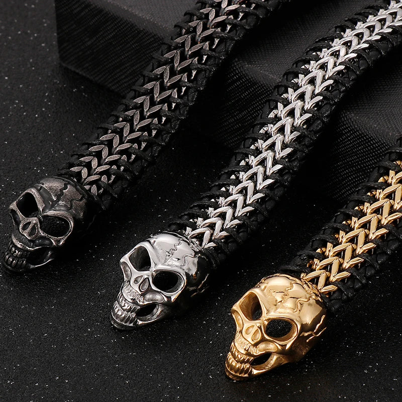 Vintage Double Wolf Lion Head Men's Bracelets Gothic 23CM Long Braided Genuine Leather & Stainless Steel Skull Bracelet