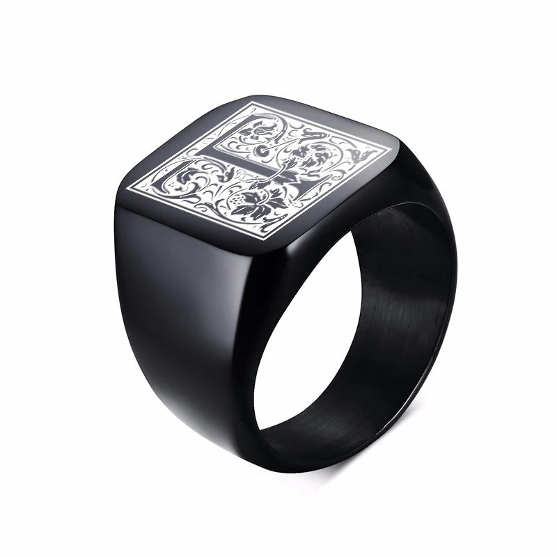 Monogram Black Signet Ring — Stainless Steel
