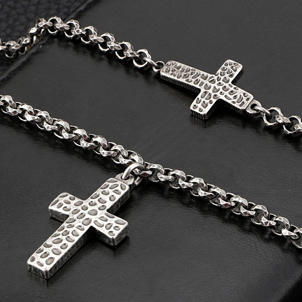Classic 5MM Thick Chain Link & Cross Bracelet Men Male Religious Jewelry Stainless Steel Pendant Necklace Mens