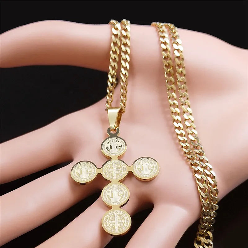 Saint Benedict Cross Pendant Necklace — Gold-Tone