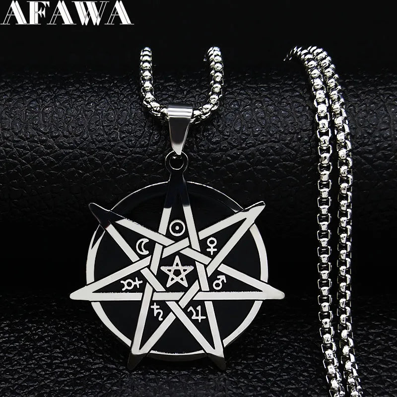 Seven-Pointed Star Heptagram Pendant Necklace — Steel