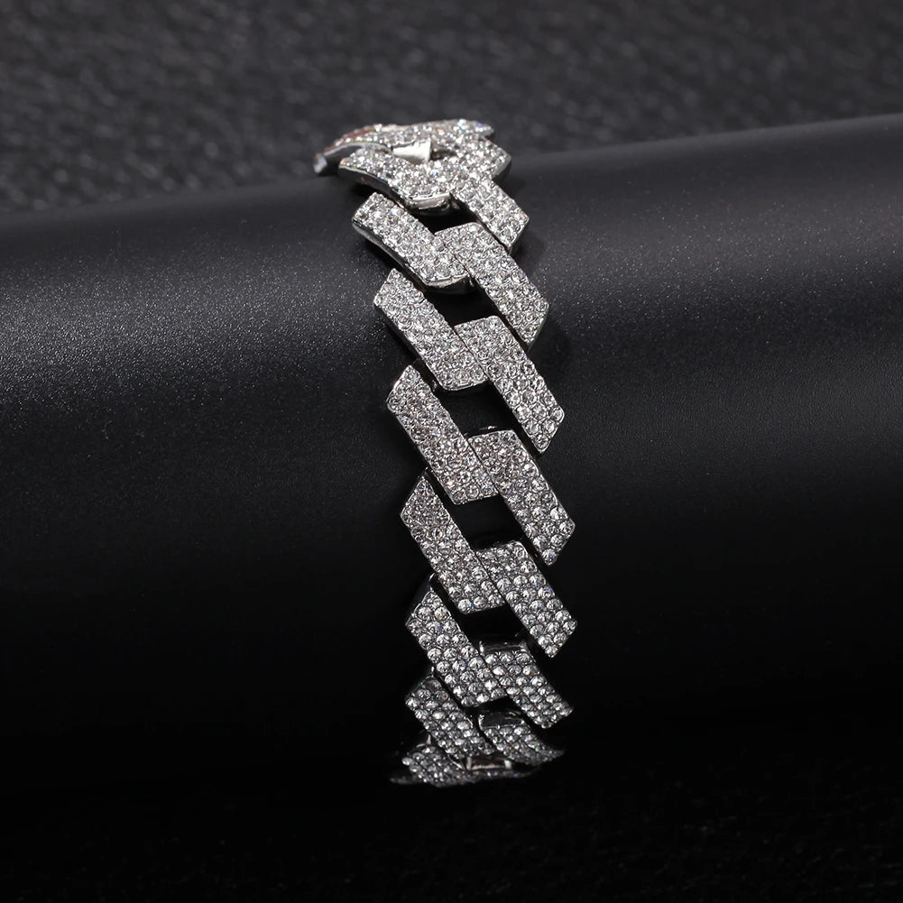 THE BLING KING 20mm Miami Prong Cuban Link Bracelet 3 Row Full Iced Out Rhinestones 7inch 8inch Bracelet Mens Hiphop