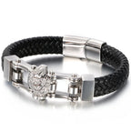 Punk Goth Lion Head Men's Bracelets & Bangles Braided Genuine Leather Man Bracelet Gold Color Stainless Steel Bike