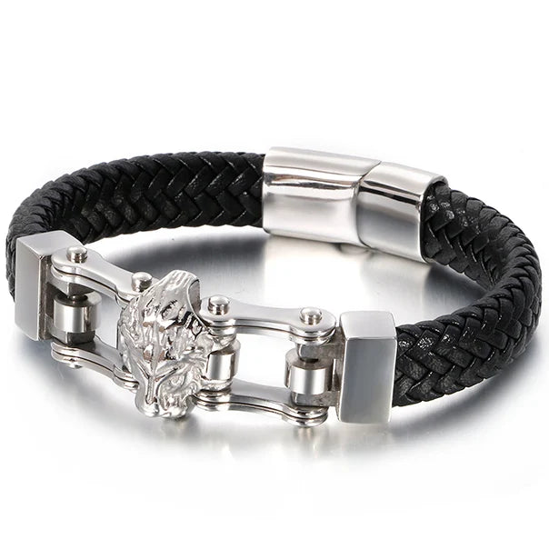 Punk Goth Lion Head Men's Bracelets & Bangles Braided Genuine Leather Man Bracelet Gold Color Stainless Steel Bike