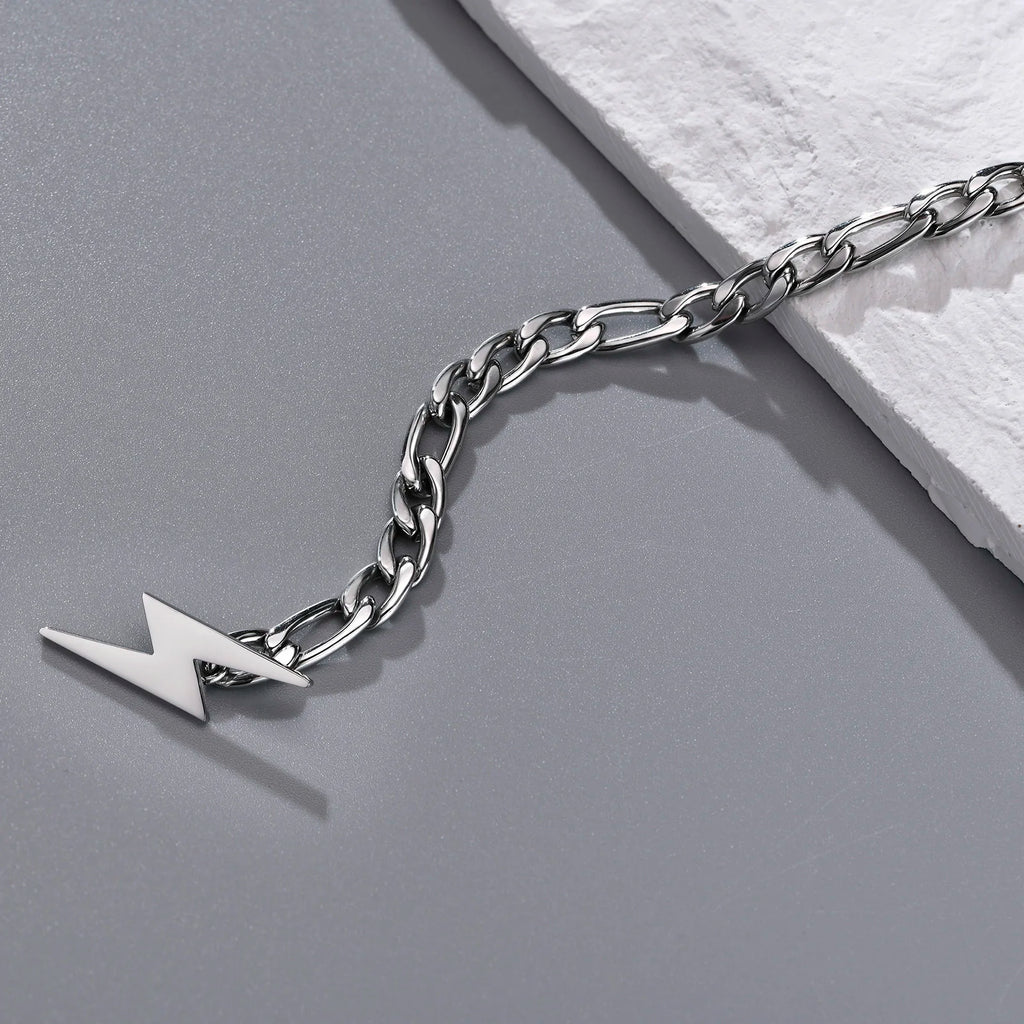 Stainless Steel Lightning Bolt Figaro Chain Bracelet for Men Jewelry