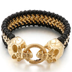Vintage Double Wolf Lion Head Men's Bracelets Gothic 23CM Long Braided Genuine Leather & Stainless Steel Skull Bracelet