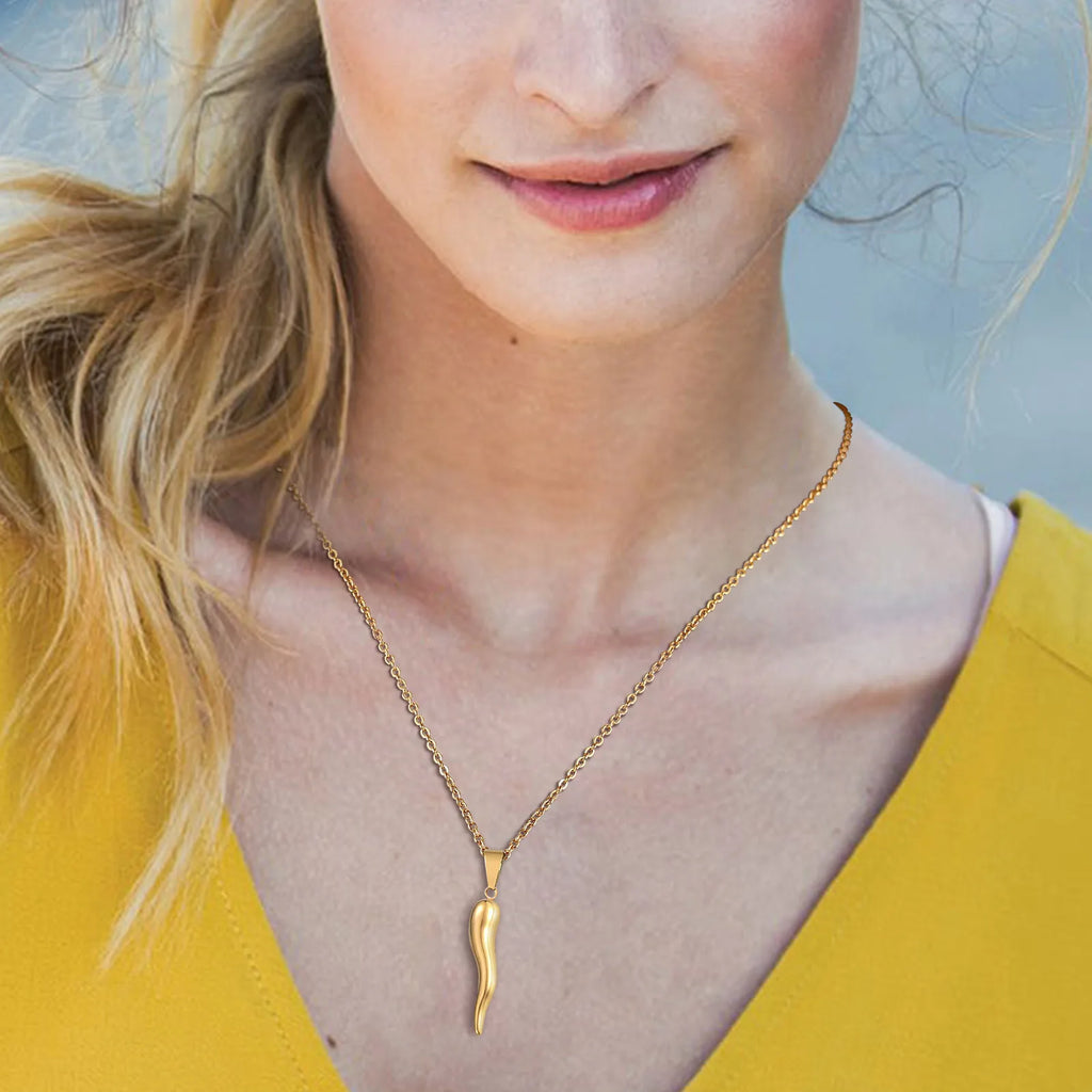 Italian Horn Charm Pendant Necklace — Stainless Steel