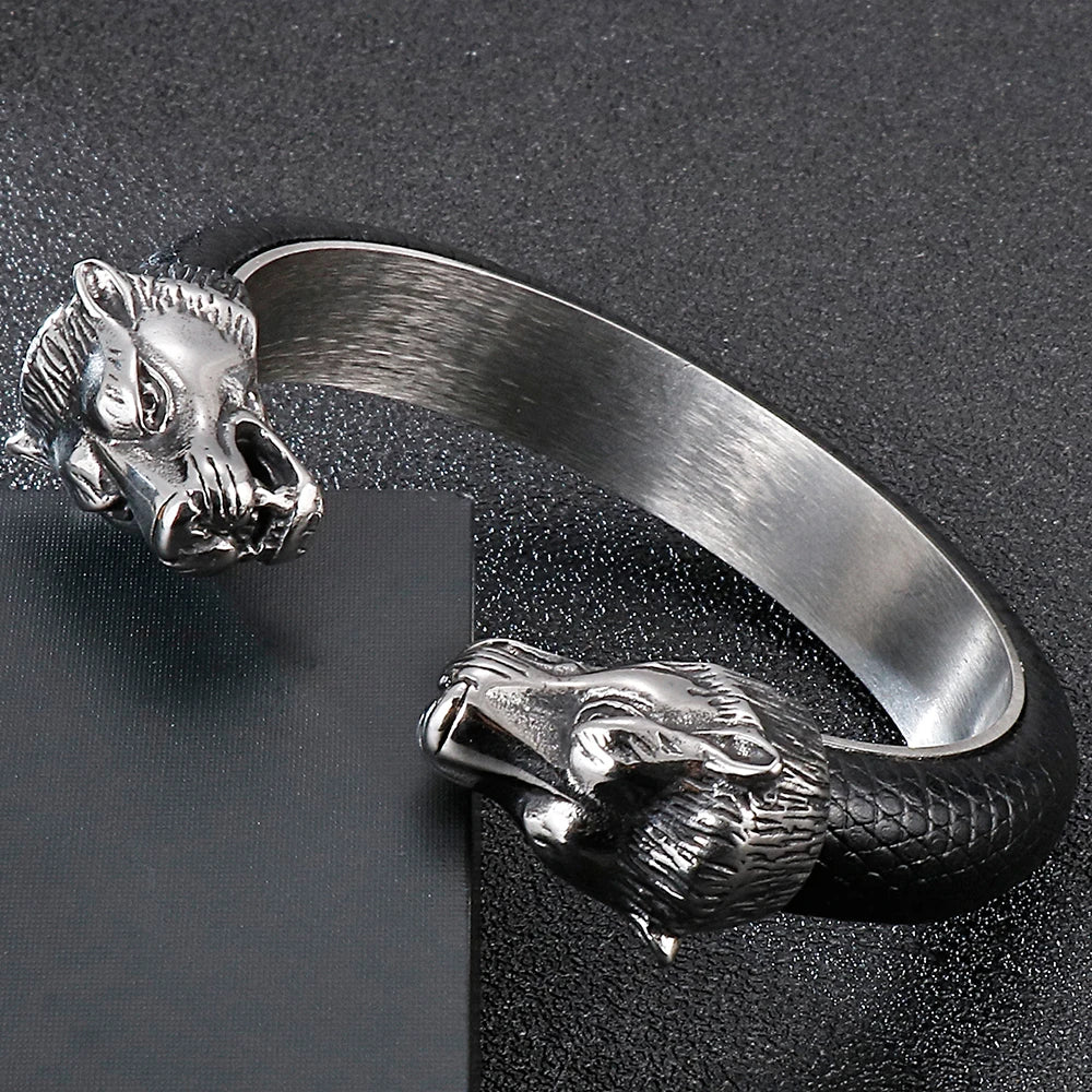 Stainless Steel Wolf Head Cuff Open Bangle Bracelet Man Black Leather Elastic Adjustable Boys On Hand Bracelets Men‘s