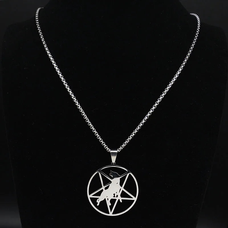 Wolf Pentagram Silver Chain Necklace — Stainless Steel