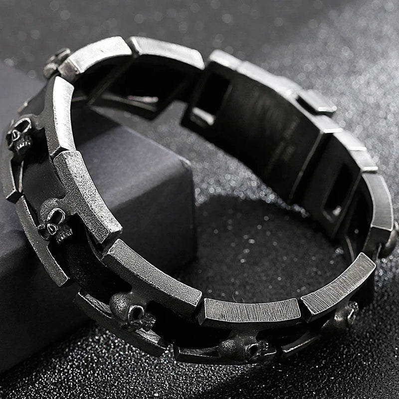 Ghost Skull Head Shaped Men's Leather Bracelets With Belt Buckle Stainless Steel On Hand Bands For Men Male Wristbands