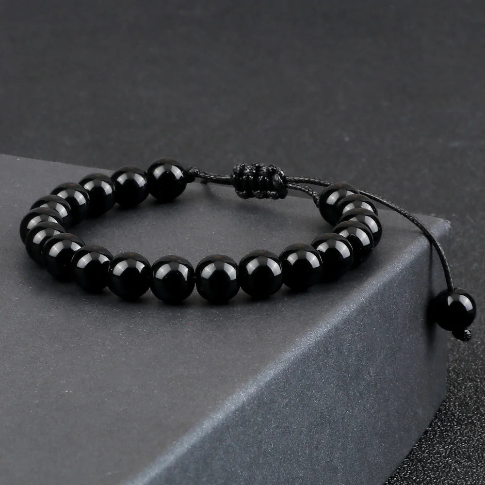 Beaded Bracelet 4 6 8mm Natural Stone Shiny Black Onyx Beads Bracelets & Bangles Adjustable Size Obsidian Wrist Jewelry