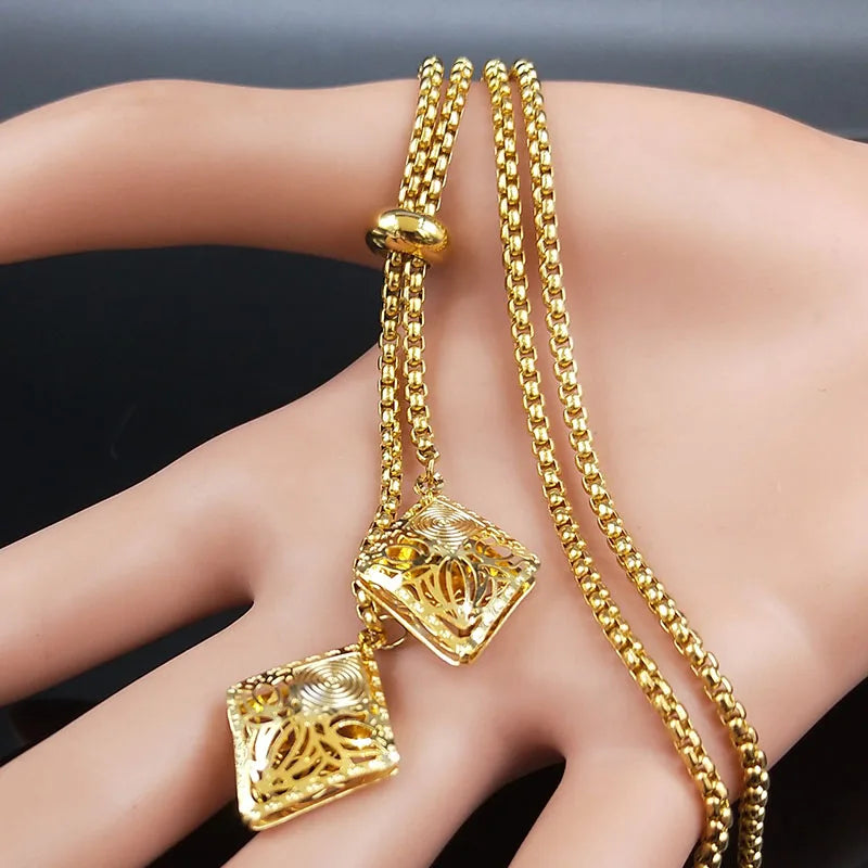 Geometric Gold Long Chain Necklace — Stainless Steel