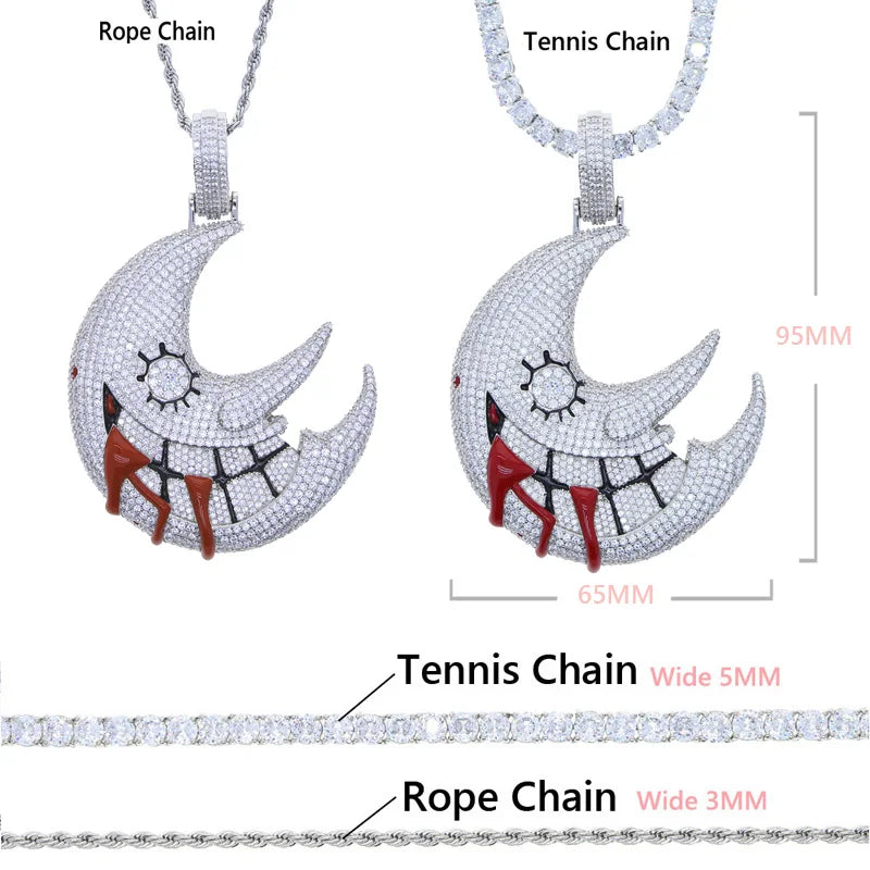 Men's Moon Shaped Mouth Face Pendant Iced Out Bling 5A CZ Cubic Zircon Tennis Chain Personality Hip Hop Rock Necklace Jewelry