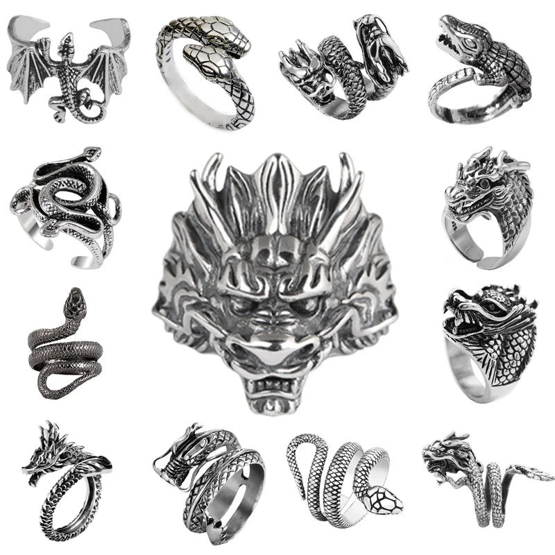 Ring for Women Girls Dragon Snake Fashion Men Jewelry Vintage Ancient Silver Color Punk Hip Hop Adjustable Locomotive