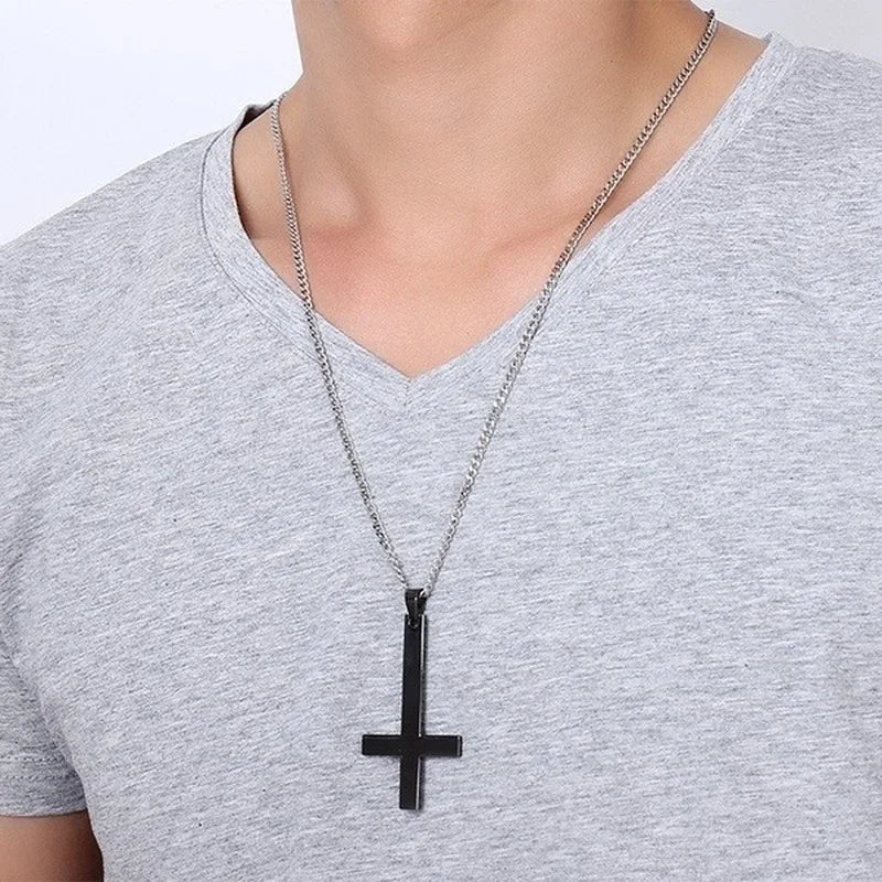 Male Black Plated St Peter's Inverted Cross Pendant Necklace for Men Stainless Steel Choker Crux de Sanctus Petrus