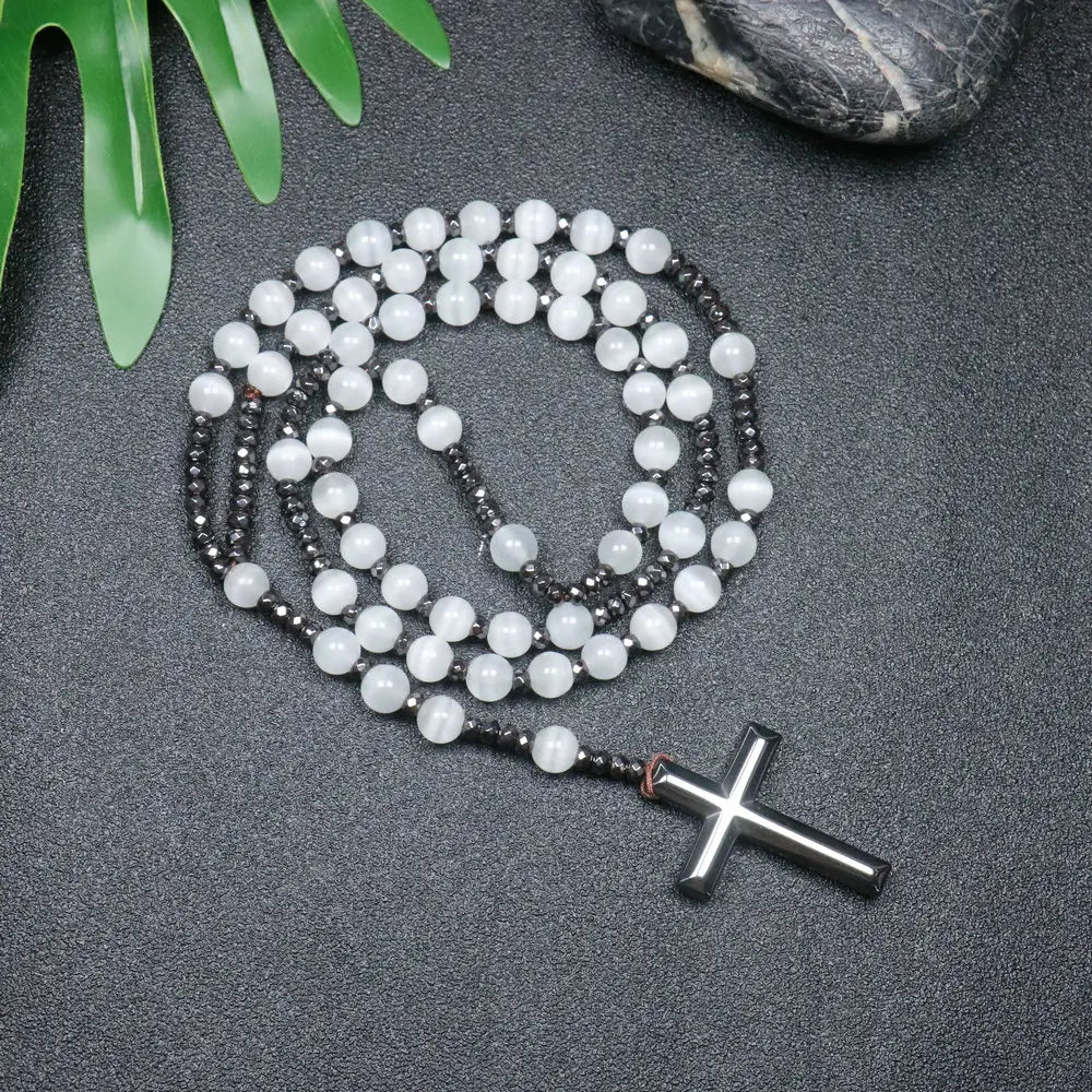 Rosary Necklace For Men Women 8mm Tiger Eye Black Obsidian Beads Necklace Christ Buddhist Meditation Cross Necklace Jewelry