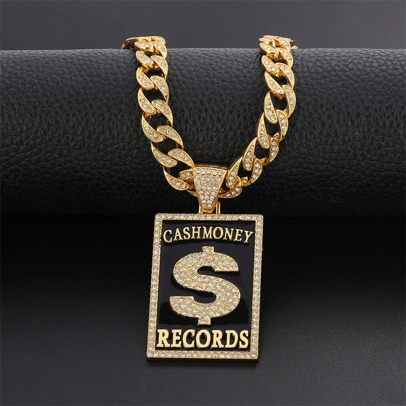 Goth Dollar Sign 'Cash Money Records' Iced out Pendant Necklace with Cuban Chain Hip Hop Jewelry for Street Style Rapper Gift