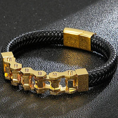 Stainless Steel Bikers Motorcycle Bike Chain Man Bracelet for Men Braided Leather Cuff Wrap Wristband Bangle With