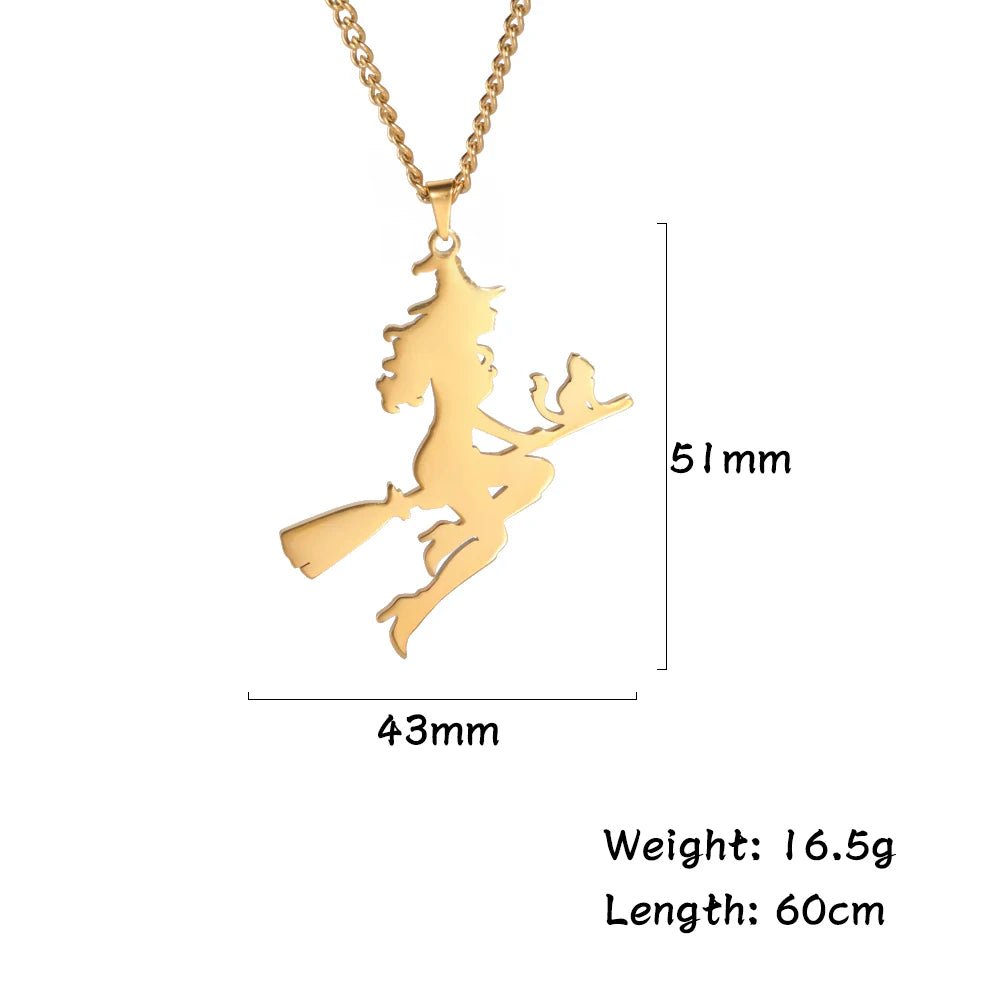 Witch Cat Broom Pendant Necklace — Stainless Steel