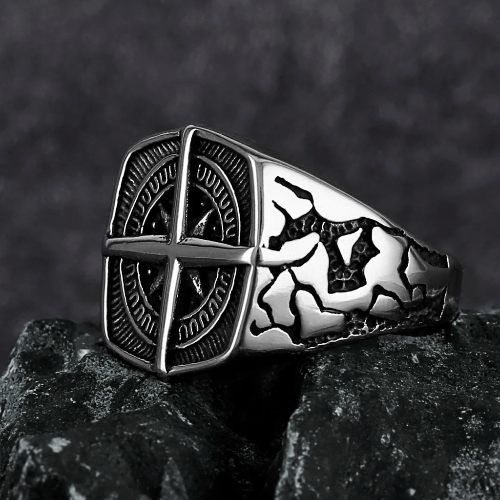 Viking Cross Nautical Chart Nordic Rune Ring — Stainless Steel