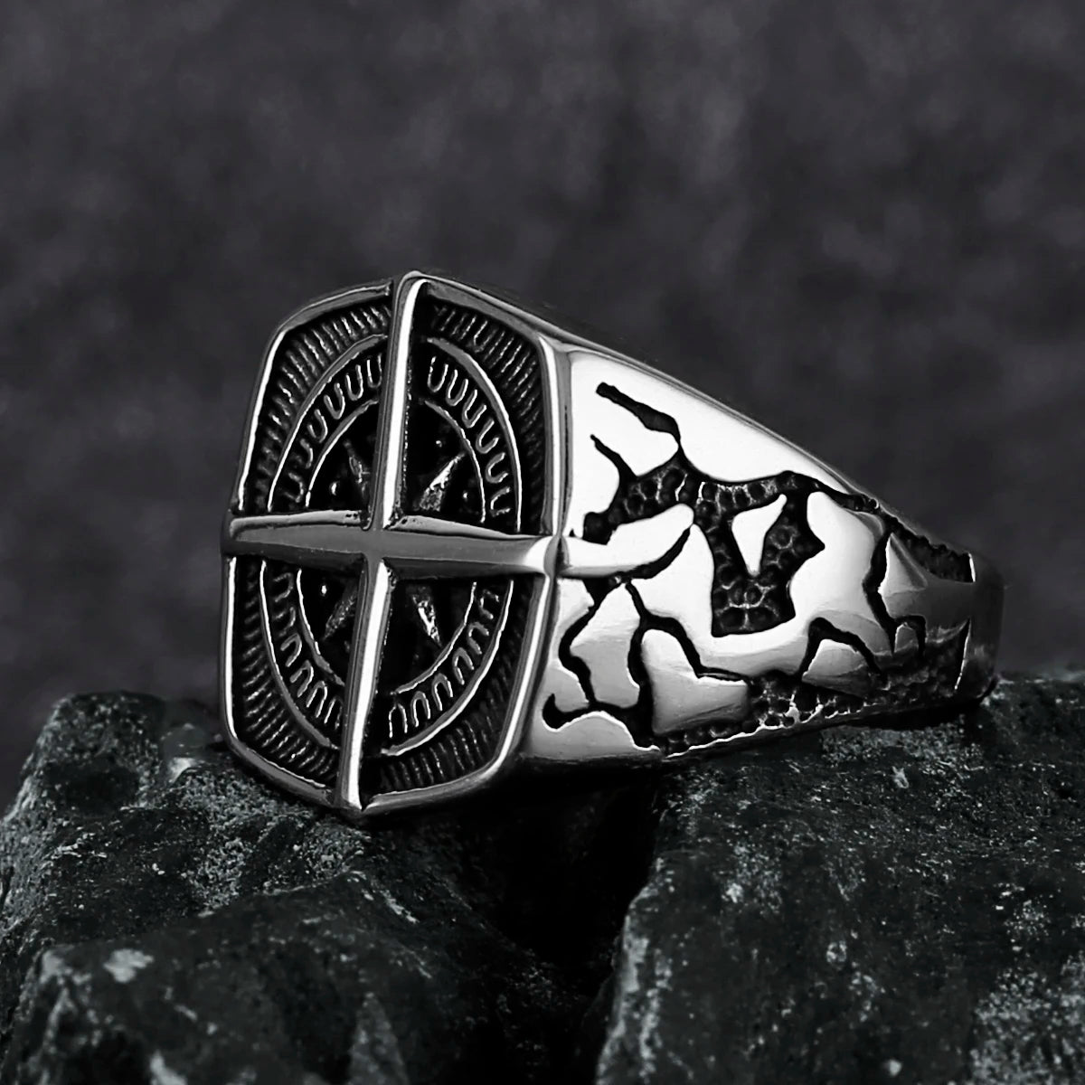 Viking Cross Nautical Chart Nordic Rune Ring — Stainless Steel